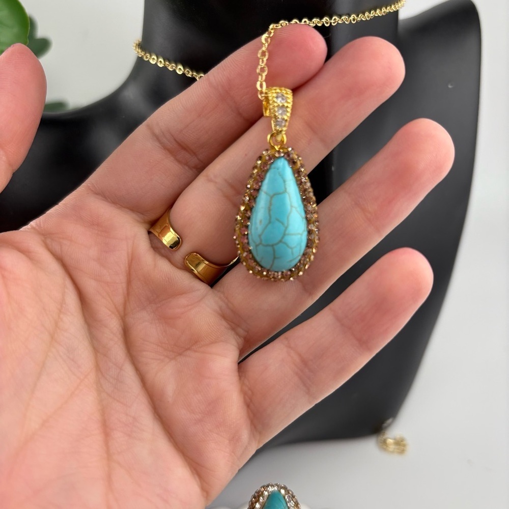 Turquoise Teardrop Jewelry Set โ Necklace, Earrings & Ring - Picture 9 of 15